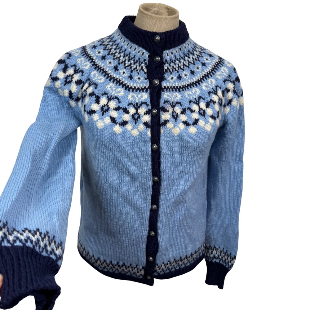 VTG Paul Mage S/M-Sweater Denmark Handknit Wool‎ Cardigan Fair Isle Blue Nordic